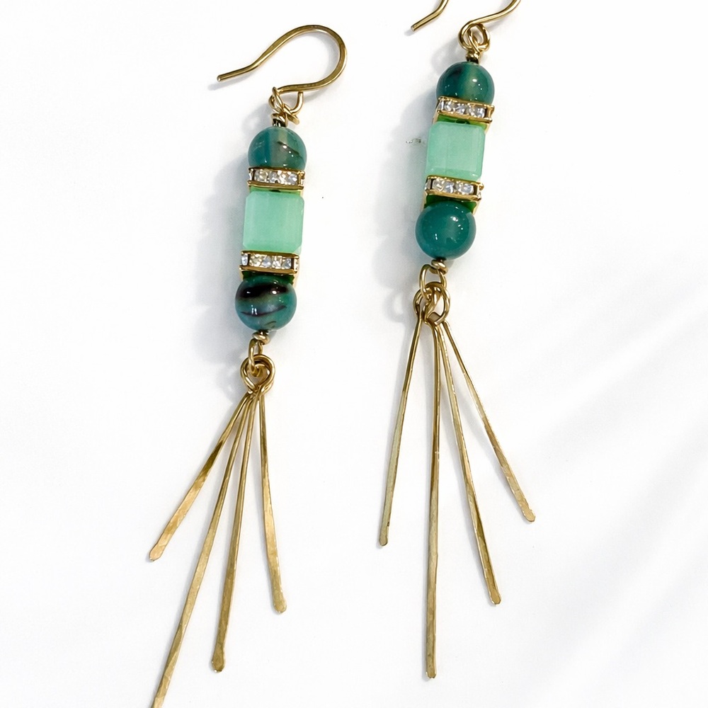 Brass & Sea Glass Green Fringe Earrings – Artisan Statement Drop - Picture 5 of 5
